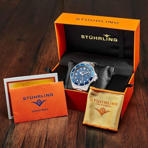 Stuhrling Original Édition Limitée pour Homme Montre de Plongée à Cadran Bleu Foncé à Mouvement Automatique 200M Résistant Bracelet en Acier Inoxydable Massif Montre de Sport à Couronne Vissée – Image 2